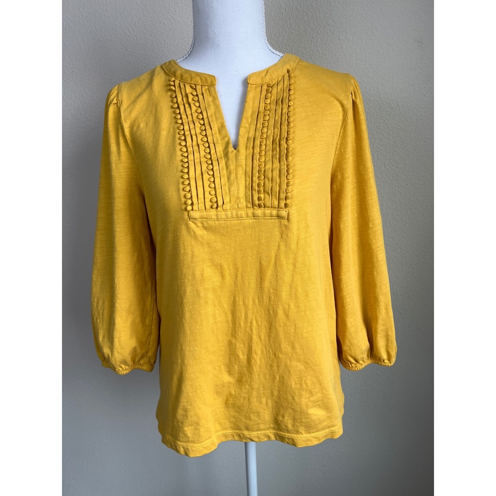 St Johns Bay Womens Small Mustard Yellow Pintuck Peasant Boho Cotton Top Blouse